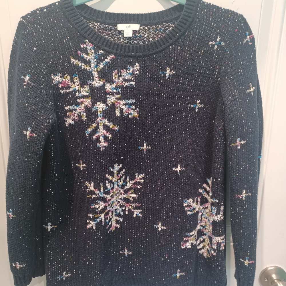 LKE NEW J. JILL NAVY COTTON SWEATER WITH MULTICOLORED SNOWFLAKE DESIGN!
